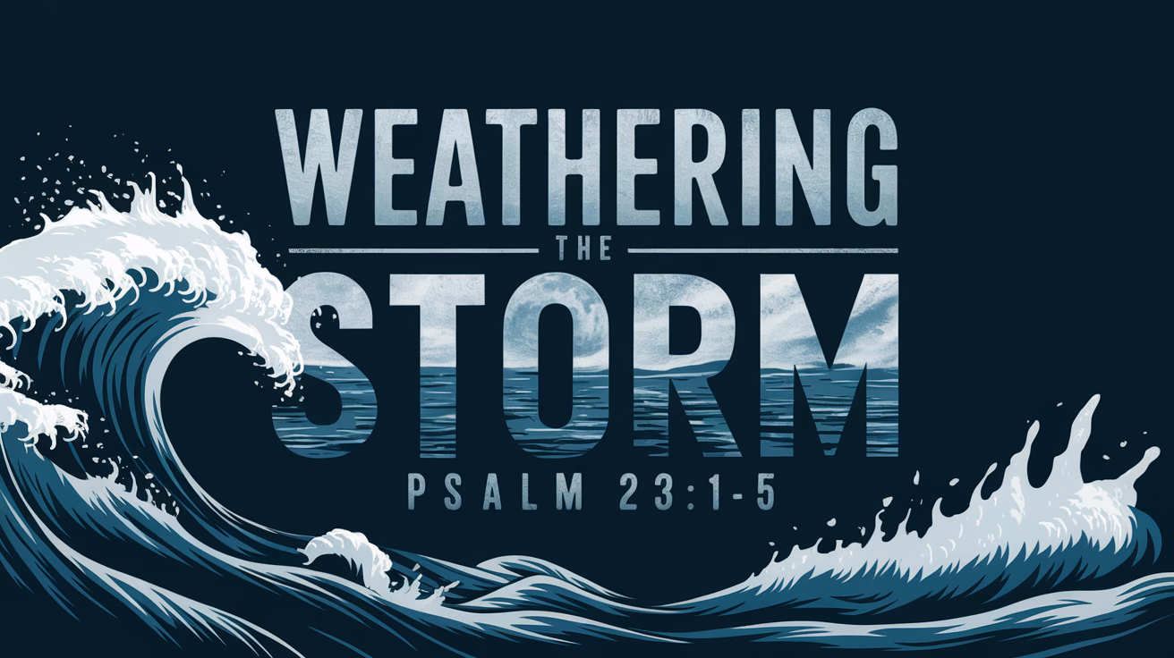 The title 'Weathering the Storm' emerges in bold, dramatic fonts with a textured dark blue resembling the depths of a stormy sea. The supporting text 'Psalm 23:1-5' is secondary, balanced beneath in silver text, reminiscent of moonlight on water. Dark blue ocean waves crash violently, with aggressive splashes of white, creating a sense of spiritual resilience and drama.