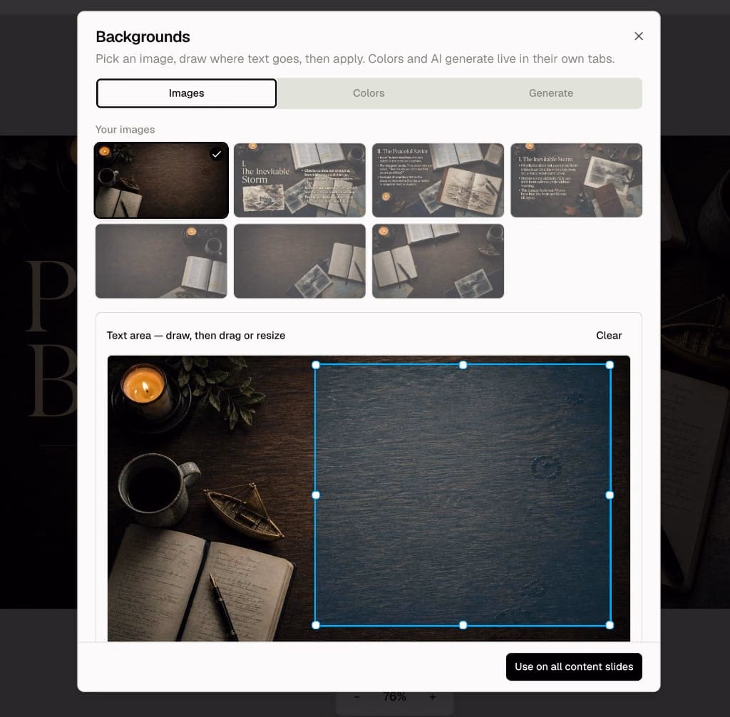 Backgrounds panel with four generated image variations and a text area drawn on the selected background