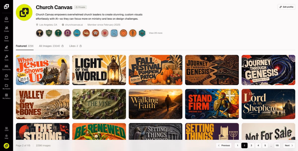 A Church Canvas profile page with avatar, bio, badge shelf, and Featured designs