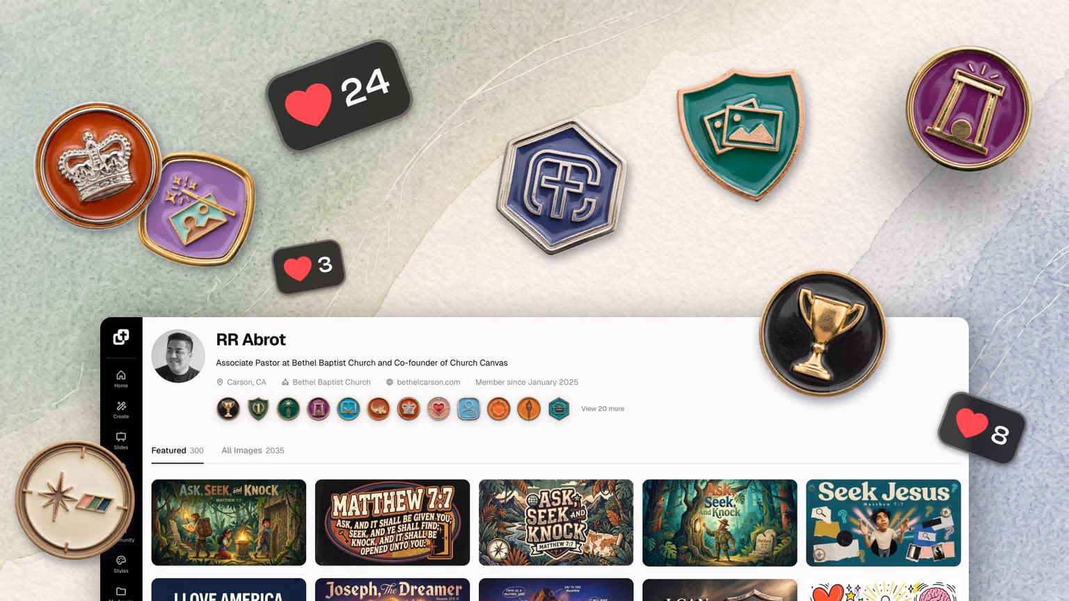 Profiles, badges, and likes