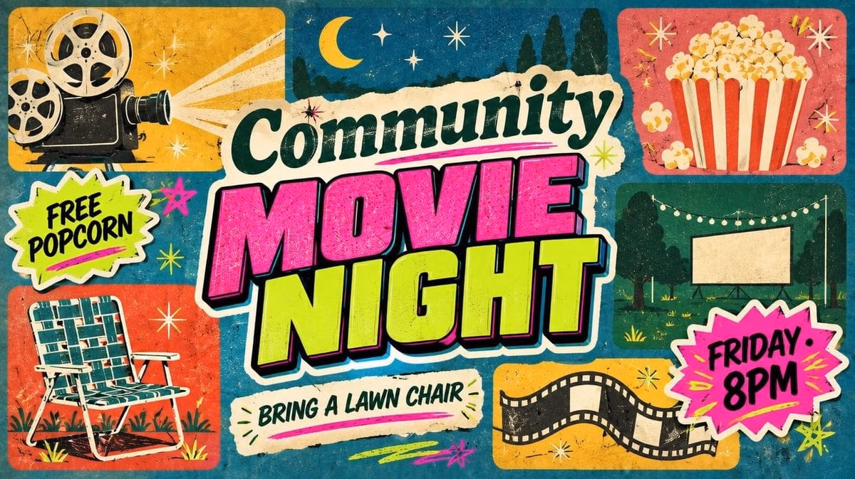Community Movie Night event graphic blending Storyboard and Y2K Toybox