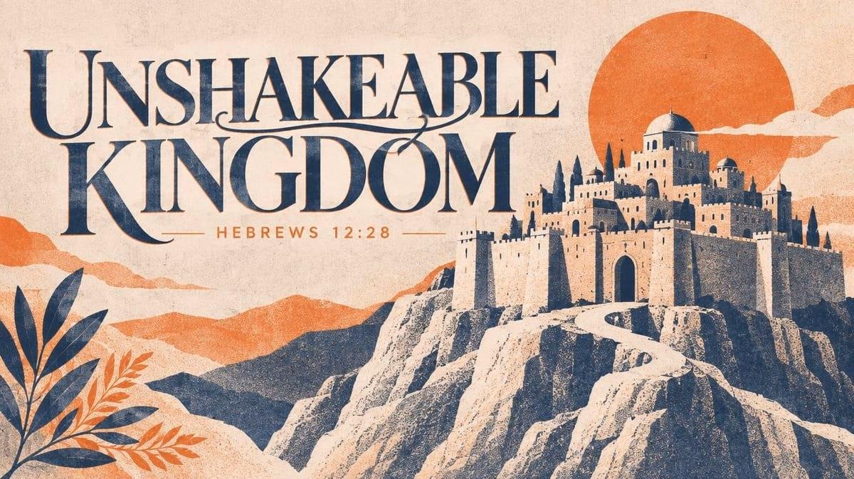 Unshakeable Kingdom verse graphic blending Risograph and Devotional Surreal