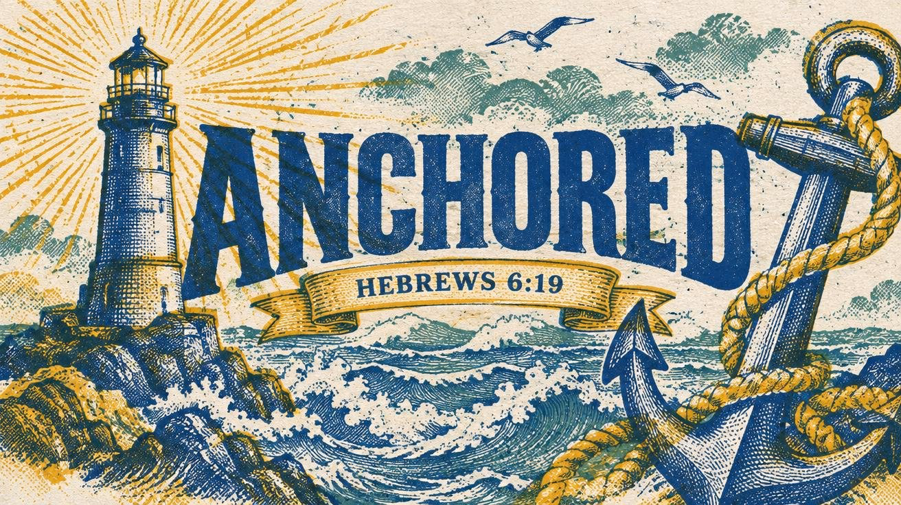 Anchored sermon graphic with a lighthouse, waves, and an anchor, Hebrews 6:19
