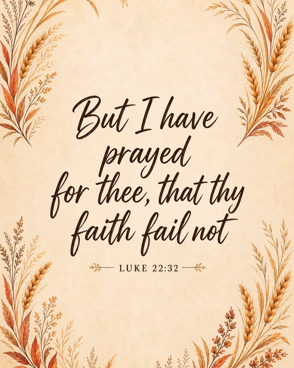 4:5 scripture graphic of Luke 22:32 in brown calligraphy framed by watercolor wheat and autumn leaves