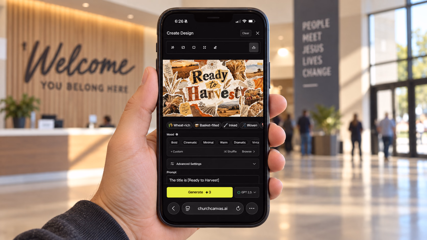 Phone mockup showing the Church Canvas Create Design interface with the Ready to Harvest collage, mood options, and Generate button