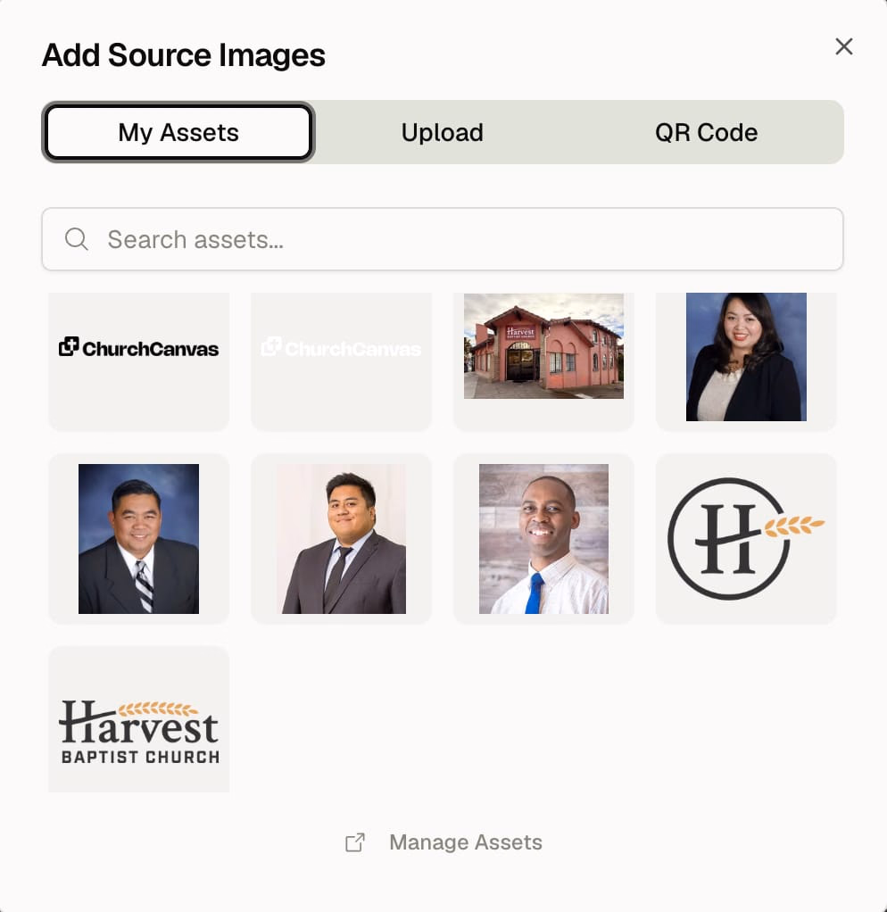 Add Source Images dialog with My Assets selected, showing church logos, a building photo, and staff portraits
