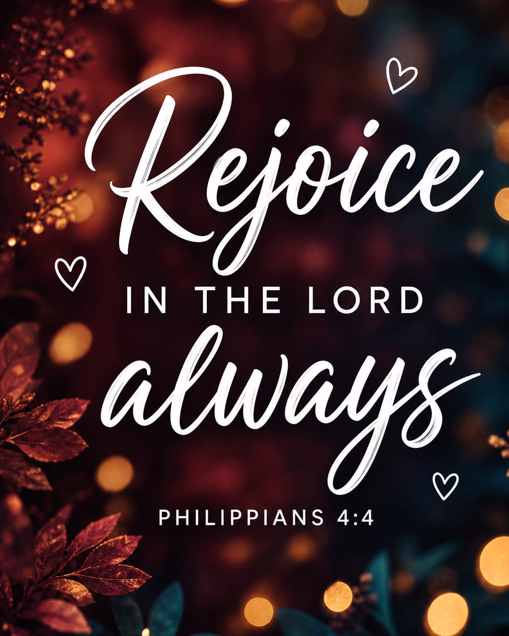 4:5 scripture graphic of Philippians 4:4 reading Rejoice in the Lord always over burgundy bokeh