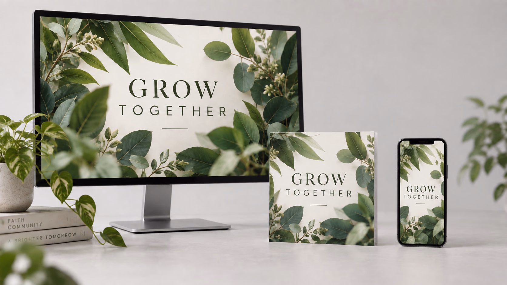 Concept illustration of Grow Together artwork adapted for a desktop screen, square social post, and portrait phone