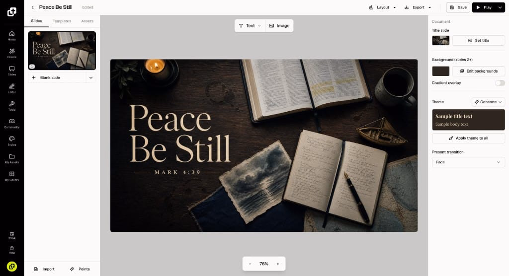Church Canvas Slides editor with a Peace Be Still sermon graphic set as the title slide