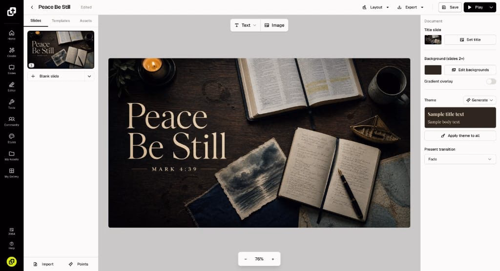 Church Canvas Slides editor with a Peace Be Still sermon graphic set as the title slide