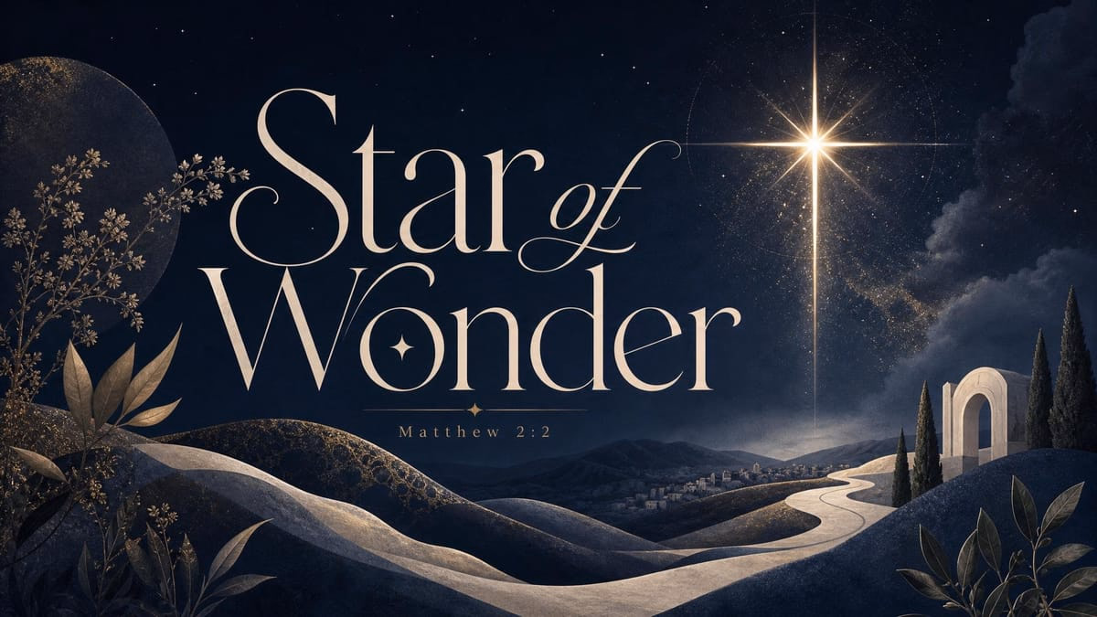 Star of Wonder church graphic with Matthew 2:2, a bright star over a winding road to a distant town