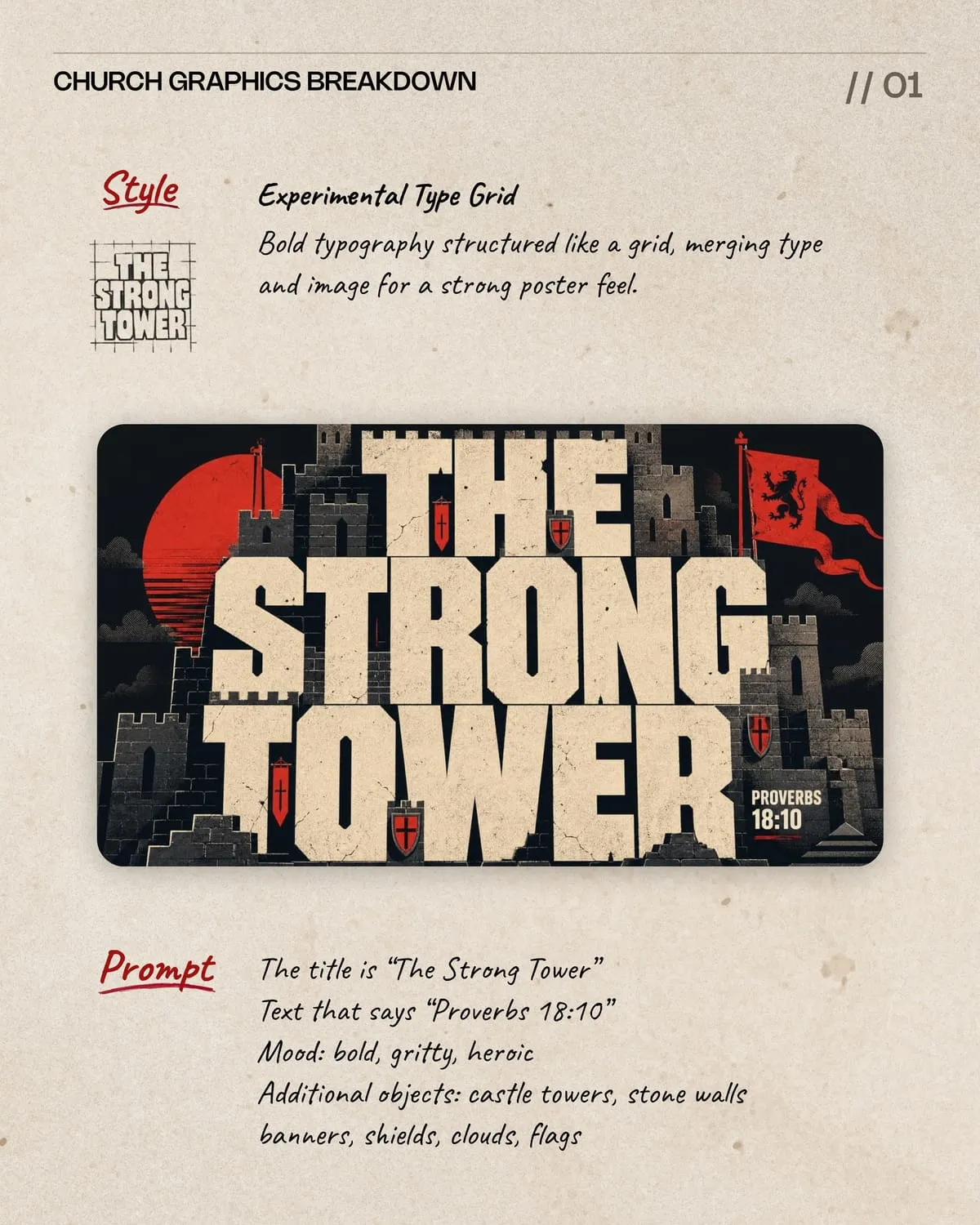 Church graphic titled “The Strong Tower” with Proverbs 18:10, bold type built into a castle scene with towers, a red sun, and flags