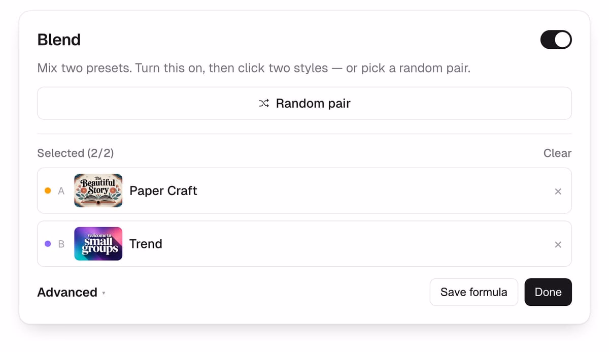 Blend Styles popover with two catalog styles selected as Paper Craft × Trend